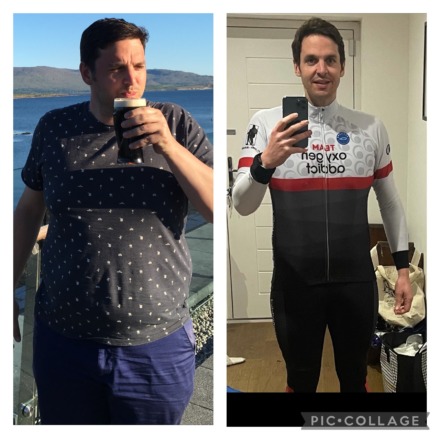 Left: Simon before he began his journey. Right: Simon now in cycling kit.
