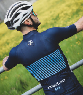 male cyclist wearing Road CC bodyline cycling jersey