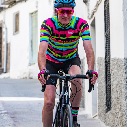 mature male cyclist wearing waffle jersey