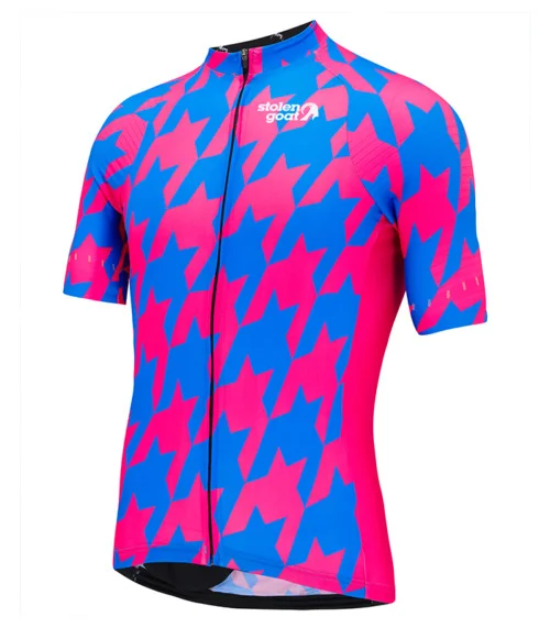 Men's Rudeboy short sleeved cycling jersey blue and pink graphic design