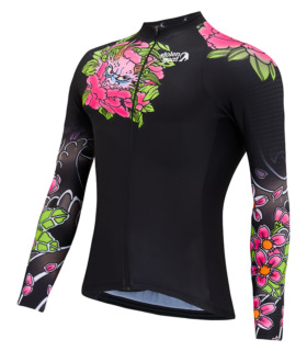 Men's Sakura jersey front view - black long sleeved jersey with pink and green hand drawn Japanese art inspired design