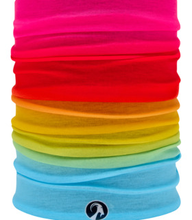 Close up of Cortez neckwarmer, lightweight fabric with rainbow gradient fade