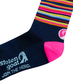 Close up of Stolen Goat dizzy socks, pink heel, white stolen goat logo and join the herd slogan on the sole, pink goat head logo on back of ankle