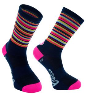 Stolen Goat dizzy socks navy with pink heel and toe and multi coloured stripe