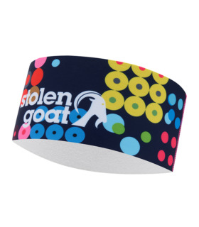 Stolen Goat Kubrick thermal headband navy with multi coloured spot print and white stolen goat logo