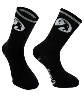 Stolen Goat black merino wool socks, featuring white stolen goat logo and slogan on the sole and round white goat head logo on the ankle with a white band around the top.