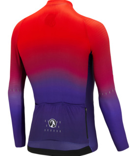 Rear view of men's argyle jersey featuring a bright red to purple gradient fade design