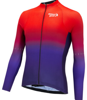 Front view of men's argyle jersey featuring a bright red to purple gradient fade design
