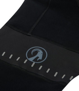 Close up of goat head logo and reflective detailing just above the knee on the men's black kiko bodyline bib tights
