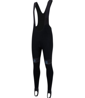 Front view of men's black kiko bodyline bib tights, featuring goat head logo above the right knee and SG logo above the left knee