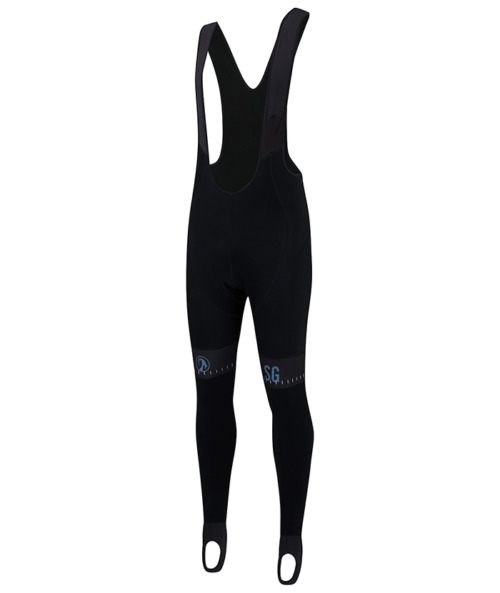 Front view of men's black kiko bodyline bib tights, featuring goat head logo above the right knee and SG logo above the left knee