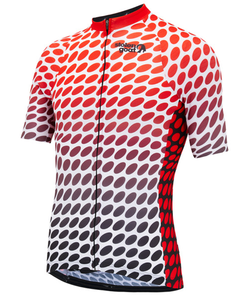 Front view of men's durutti jersey - mainly white with a graphic spot print design fading from bright red to black