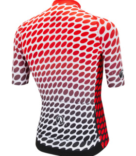 Rear view of men's durutti jersey - mainly white with a graphic spot print design fading from bright red to black