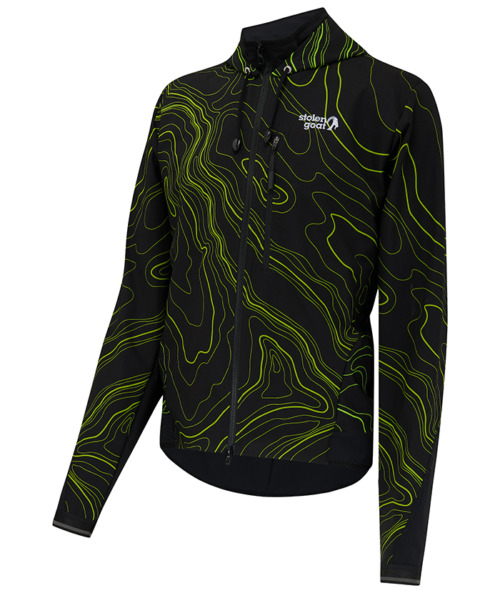 Front view of men's Enduro MTB jacket, black long-sleeved hooded jacket with green topographical all over print.