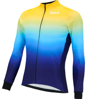Front view of men's fluid alpine jacket, bright yellow at the top with gradient fade down to a deep blue
