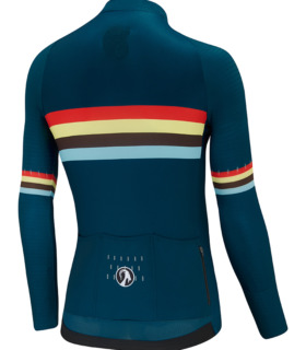 Rear view of men's giants long sleeve jersey, petrol blue with red, pale yellow, brown and light blue block stripe across the chest and at the biceps on the sleeves
