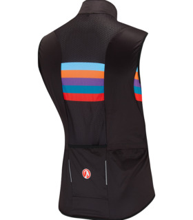 Rear view of men's groove kiko gilet, black with multi-coloured block stripe in centre of the back panel and red stolen goat goat head logo on the rear pocket