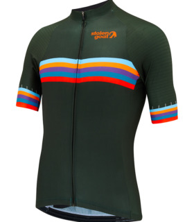 front view of men's groove jersey khaki with pale blue, orange, purple, darker blue and red stripe panel across the chest and on the sleeves. Orange stolen goat logo on front left chest.