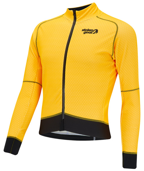Front view of men's Mango Alpine Epic jacket, block yellow with black waist band, black wrist cuffs, black zip and stitching