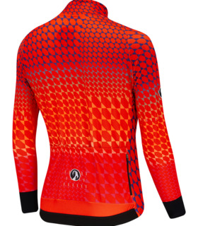Rear view of men's Sane Kiko jersey, abstract red spot print on a dark blue to orange gradient fade