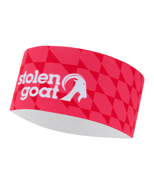 Stolen Goat Sane thermal headband, pink with graphic hexagon print and white Stolen Goat logo