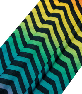 Close up of Vapour neckwarmer, lightweight material featuring rainbow gradient fade and black zig zag stripe