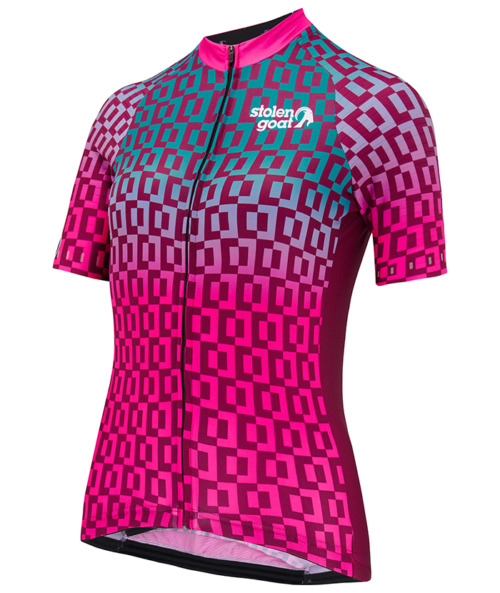 Front view of women's Cannonball jersey geometric print with blue to bright pink gradient fade, dark pink side panels and bright pink collar