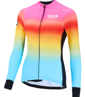 Front view of women's Cortez long sleeved kiko jersey, bright pink rainbow to light blue fade