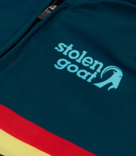 Close up view of blue Stolen Goat logo on women's Giants long-sleeved jersey.