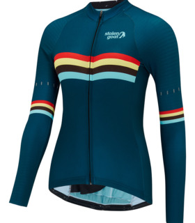 Front view of women's Giants long-sleeved jersey, petrol blue with red, pale yellow, brown and light blue multi stripe panel across the chest and at the biceps on the sleeve.