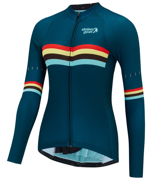 Front view of women's Giants long-sleeved jersey, petrol blue with red, pale yellow, brown and light blue multi stripe panel across the chest and at the biceps on the sleeve.