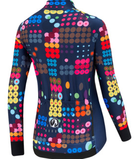 Rear view of women's Kubrick Kiko long sleeved jersey, navy base colour with multi coloured abstract dot print.