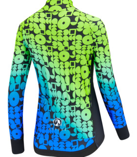 Rear view of women's Noodles Kiko long-sleeved jersey featuring abstract circular print in a green to blue gradient with a black background