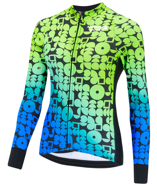 Front view of women's Noodles Kiko long-sleeved jersey featuring abstract circular print in a green to blue gradient with a black background