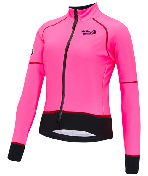 Front view of women's pink Alpine Epic jacket. Bright pink block colour with black waistband, black zips and seams, black cuffs.