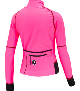 Rear view of pink Stolen Goat Alpine Epic jacket. Bright pink with black stitching, piping and logo