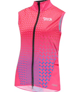 Front view of women's Sane Kiko gilet, bright pink abstract hexagon print on bright pink to blue gradient fade with black front zip