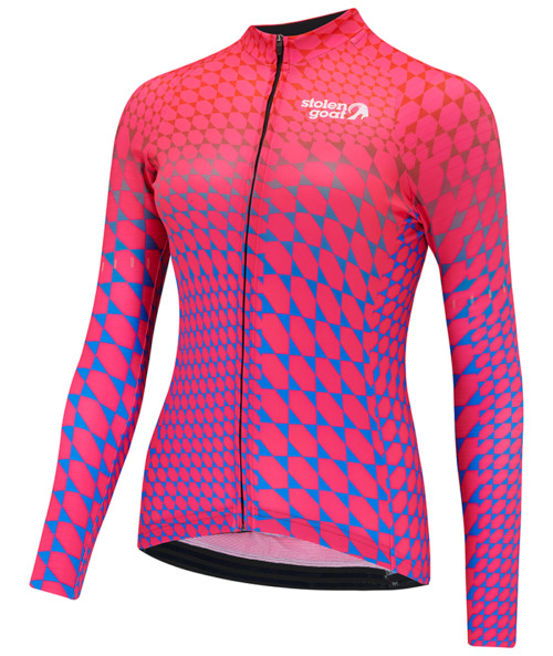 Front view of women's sane long sleeved jersey featuring an abstract pink spot print on a pink to blue gradient fade base colour