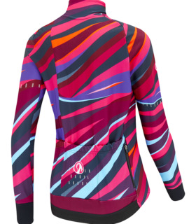 Rear view of the women's Sliver alpine jacket, all over multicoloured geometric shard design in tones of pink, purple, orange and blue