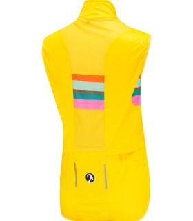 Rear view of women's Utah Kiko thermal gilet, bright yellow with multicolour stripe block in centre of back panel.