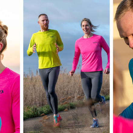 three image collage showcasing men's and women's running tops