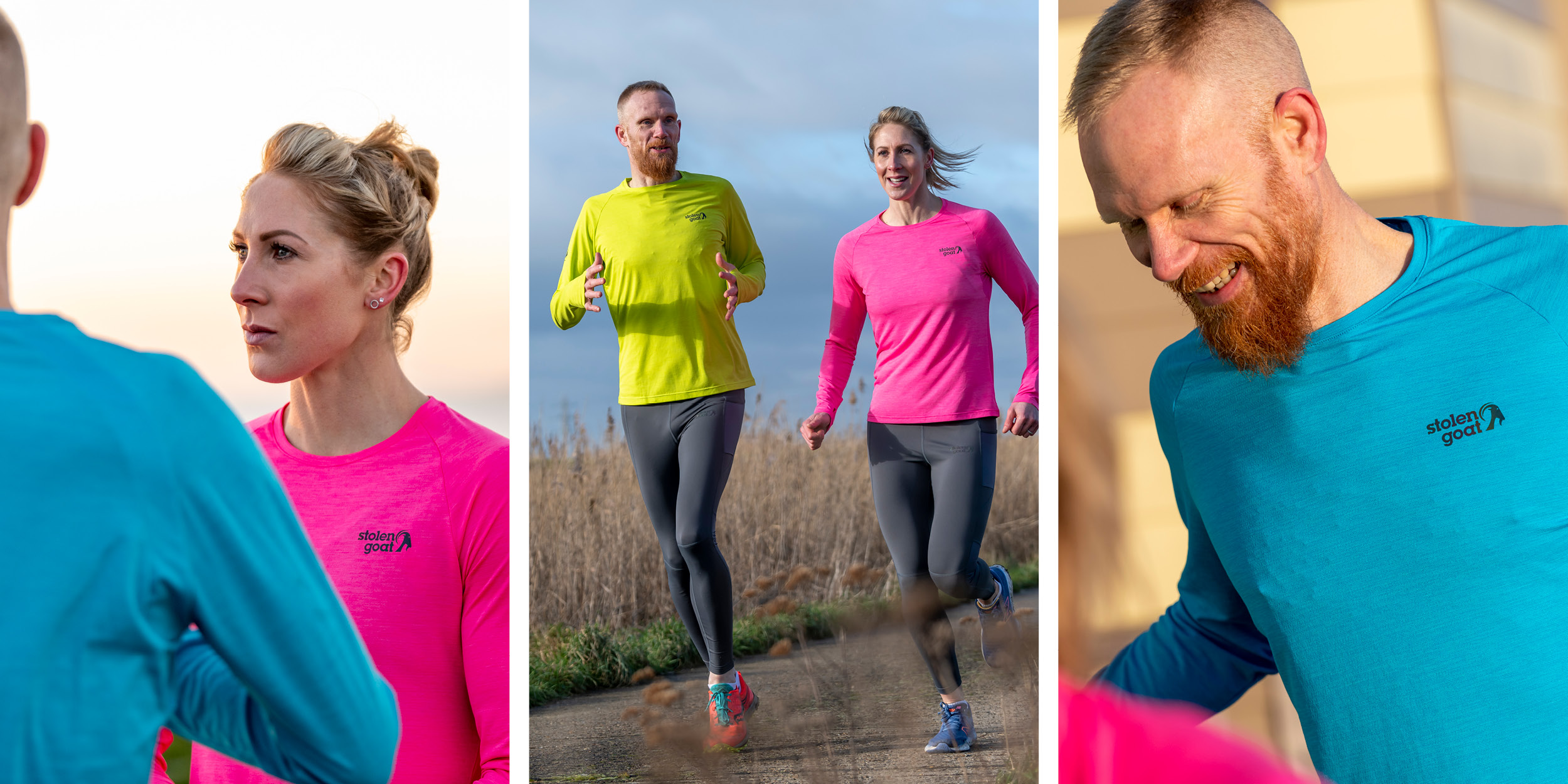 three image collage showcasing men's and women's running tops