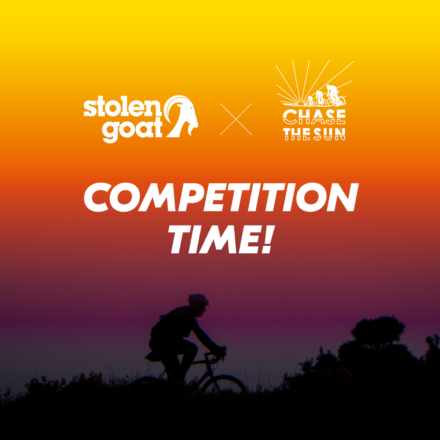 Typographic image. Background is a silhouette of a cyclist riding at sunset. White Stolen Goat and Chase the Sun logos. White text which reads Competition Time!