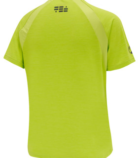 Rear view of men's green short sleeved running top