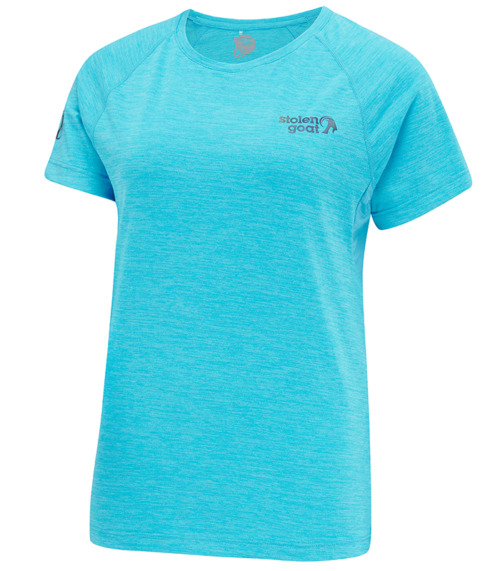 Front view of women's blue short sleeved running top