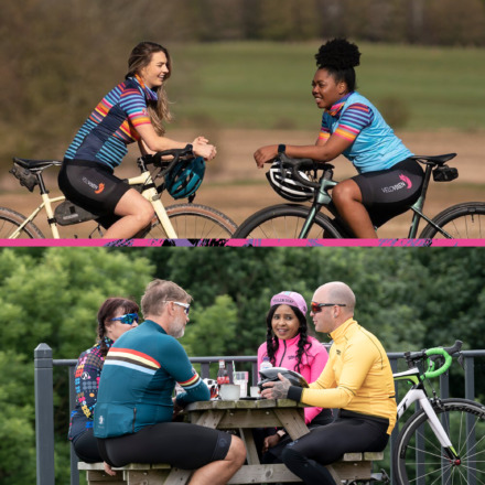 Collage image Top image features two women in VeloVixen kit, resting on the top tube of their bicycles talking. The bottom image features a group of four cyclists wearing Stolen Goat kit - two men and two women. They are sitting at a picnic table talking.
