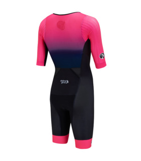 men's Dodge tri suit bright pink across the chest and shoulders fading to black on the bottom half with bright pink leg grippers.