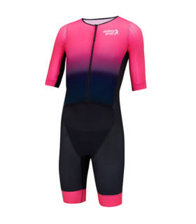 men's Dodge tri suit bright pink across the chest and shoulders fading to black on the bottom half with bright pink leg grippers.