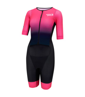 Women's Dodge tri suit bright pink across the chest and shoulders fading to black on the bottom half with bright pink leg grippers.