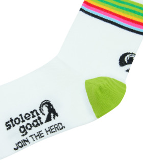 Lithium white cycling sock with green toe and heel and multi stripe at ankle